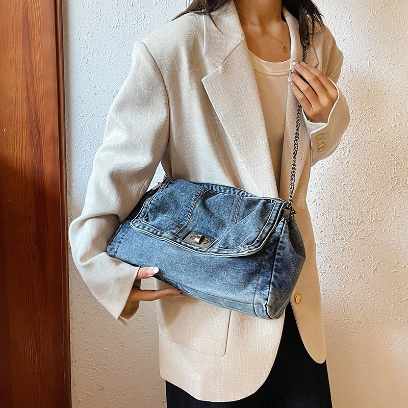 Free Shipping Designer Bag Vintage Casual Denim Bag For Women 2025 New High-end Chain Shoulder Bag Large Capacity Commuter Tote Bag