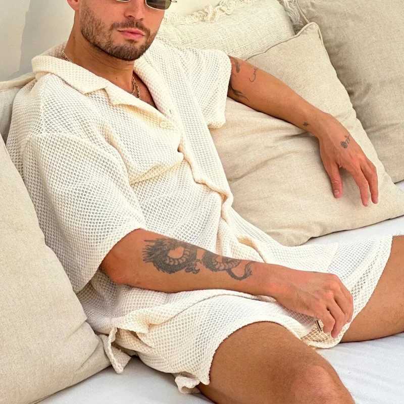 Beach Style Breathable Knitted Mens Set Summer Casual Pure Color Short Sleeve Knit Shirt And Shorts Two Piece Suits Men Outfits XJ250703