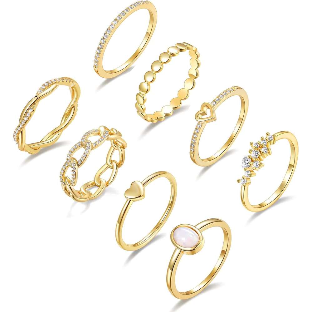 Plate 3 14K Gold/Sier Stacking Set for Women CZ Heart Simple Cute Stackable Dainty Trendy Gold Statement Rings Plain Band Size 4-11