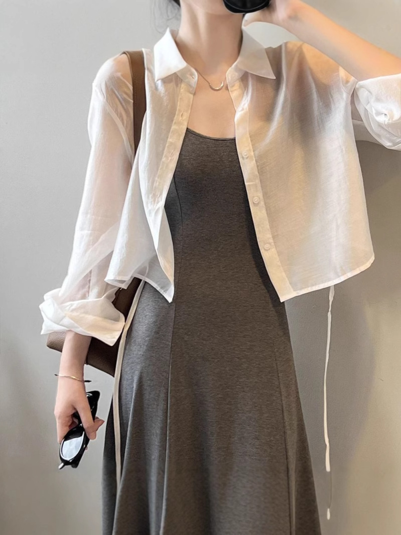 K1216 Thin long-sleeved sun-proof chiffon shirt for women, design niche back tie cardigan, summer petite short top