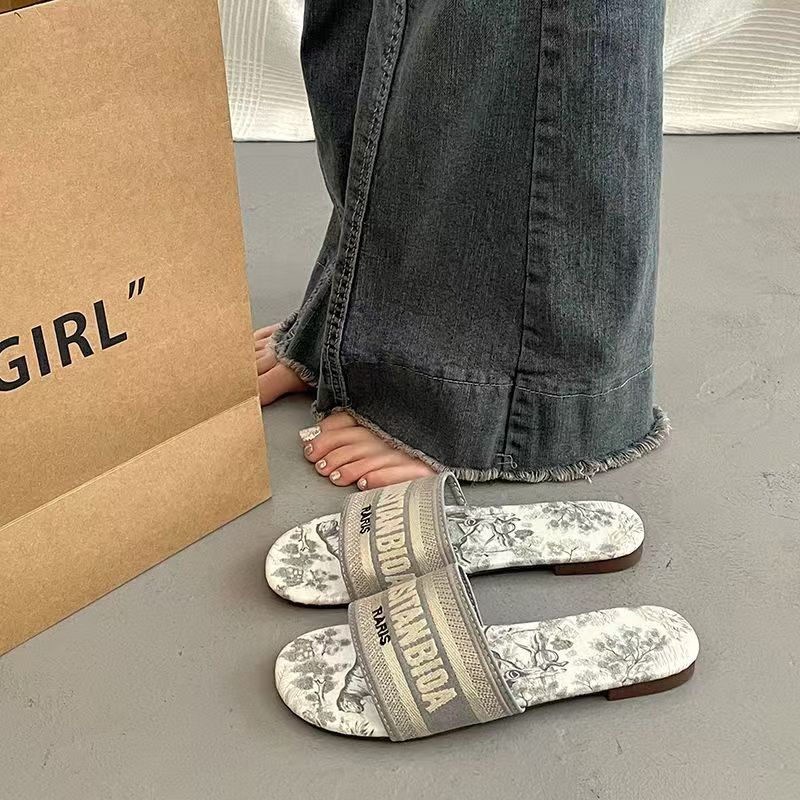 designer slippers flat slides for womens sandals girl blue pink fashion embroidery slipper outdoor Embroidered slippers Coach sandale size 35-42