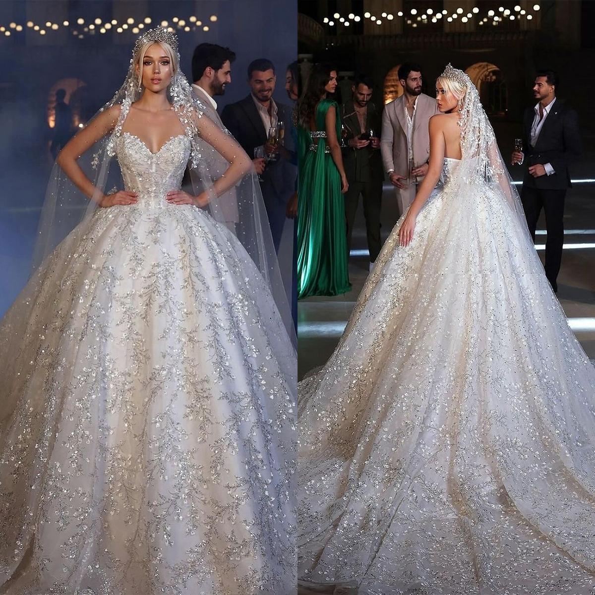 Sequined Floral Lace Wedding Dresses A Line Strapless Bridal Gowns Princess Style Custom Made Castle Garden Dresses for Engagement Birthday