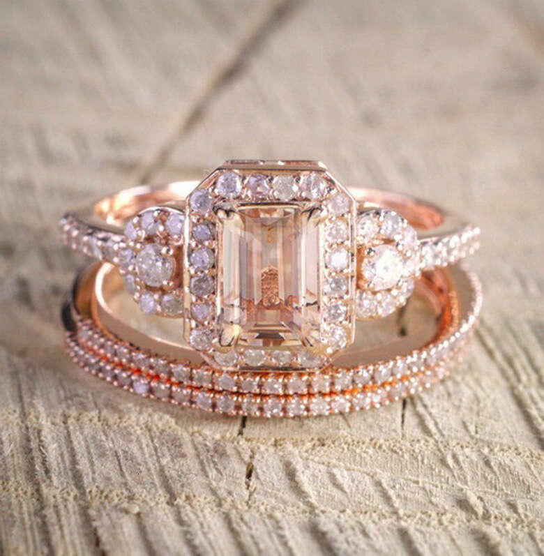 Rose Gold Plated Set Micro Inlaid Simulated Light Luxury Pink Diamond Engagement Ring for Women 13f