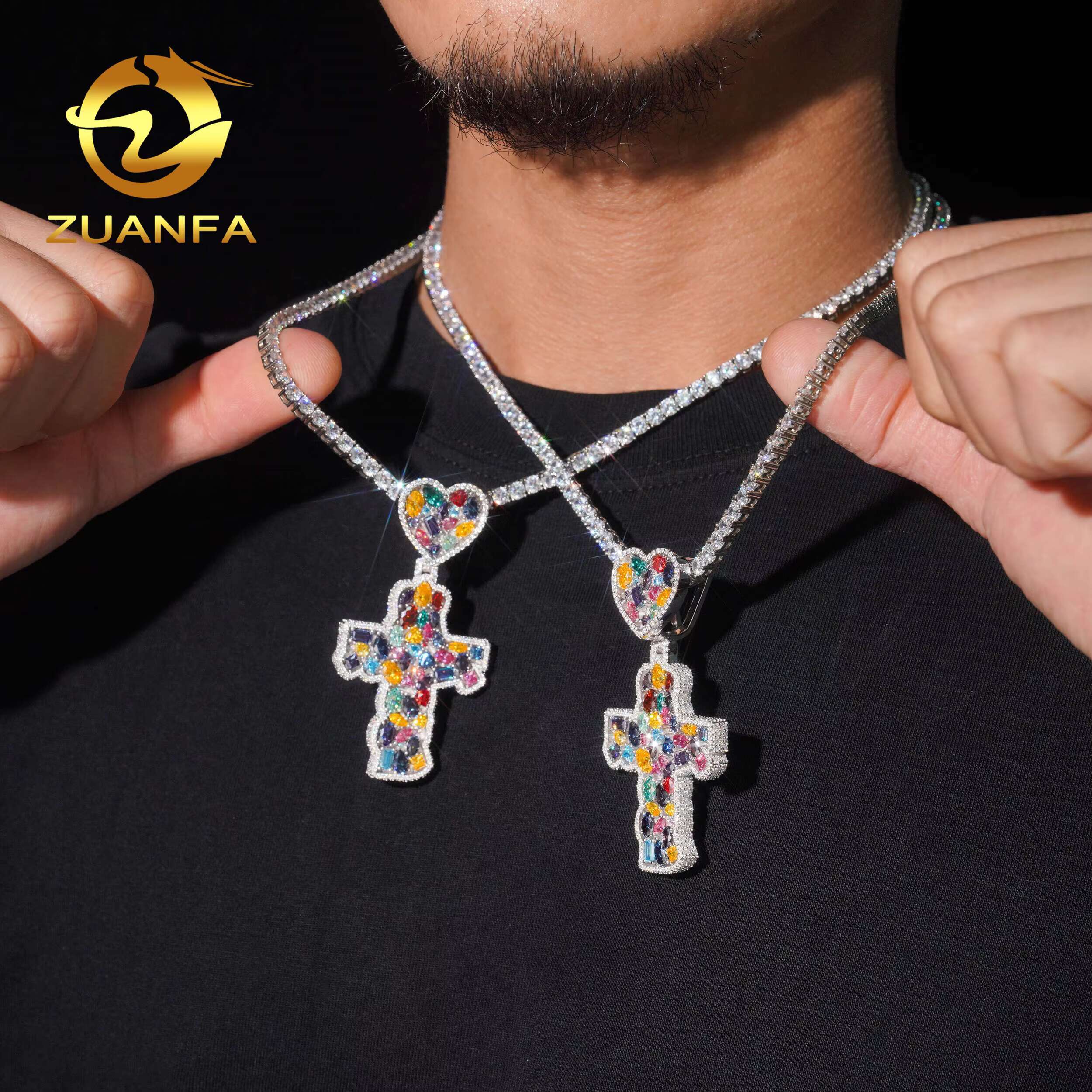 Solid 925 Silver Multicolor Moissanite Diamond Cross Pendant With Heart Bail Hip Hop Pendant Iced Out for Necklace Chain
