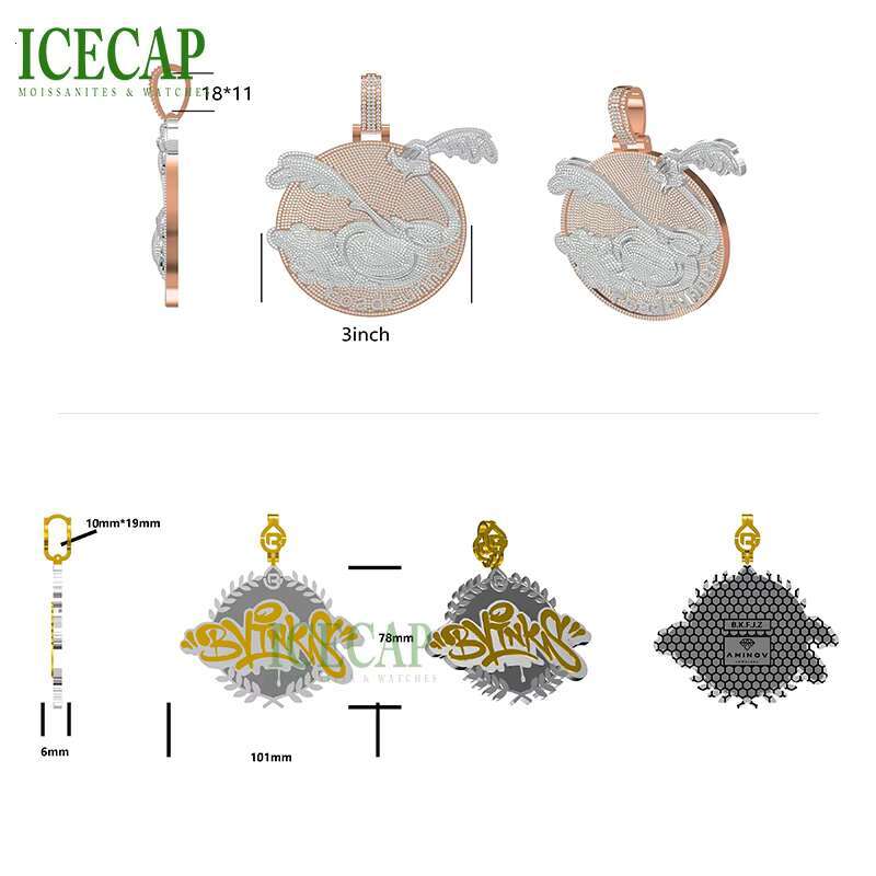 Two Tone VVS Moissanite Diamond Custom Pendant Fine Jewelry Iced Out Cartoon 925 Sterling Silver Pendant Charm Necklace for Men