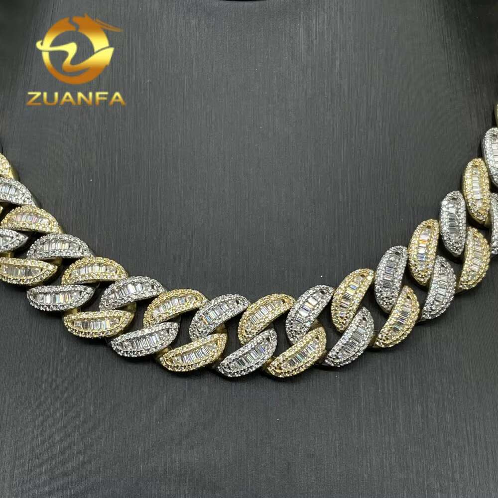 High Quality Hip Hop Jewelry 15mm Miami Style 925 Silver Bagettes Iced Out Moissanite Cuban Link Chain Necklace