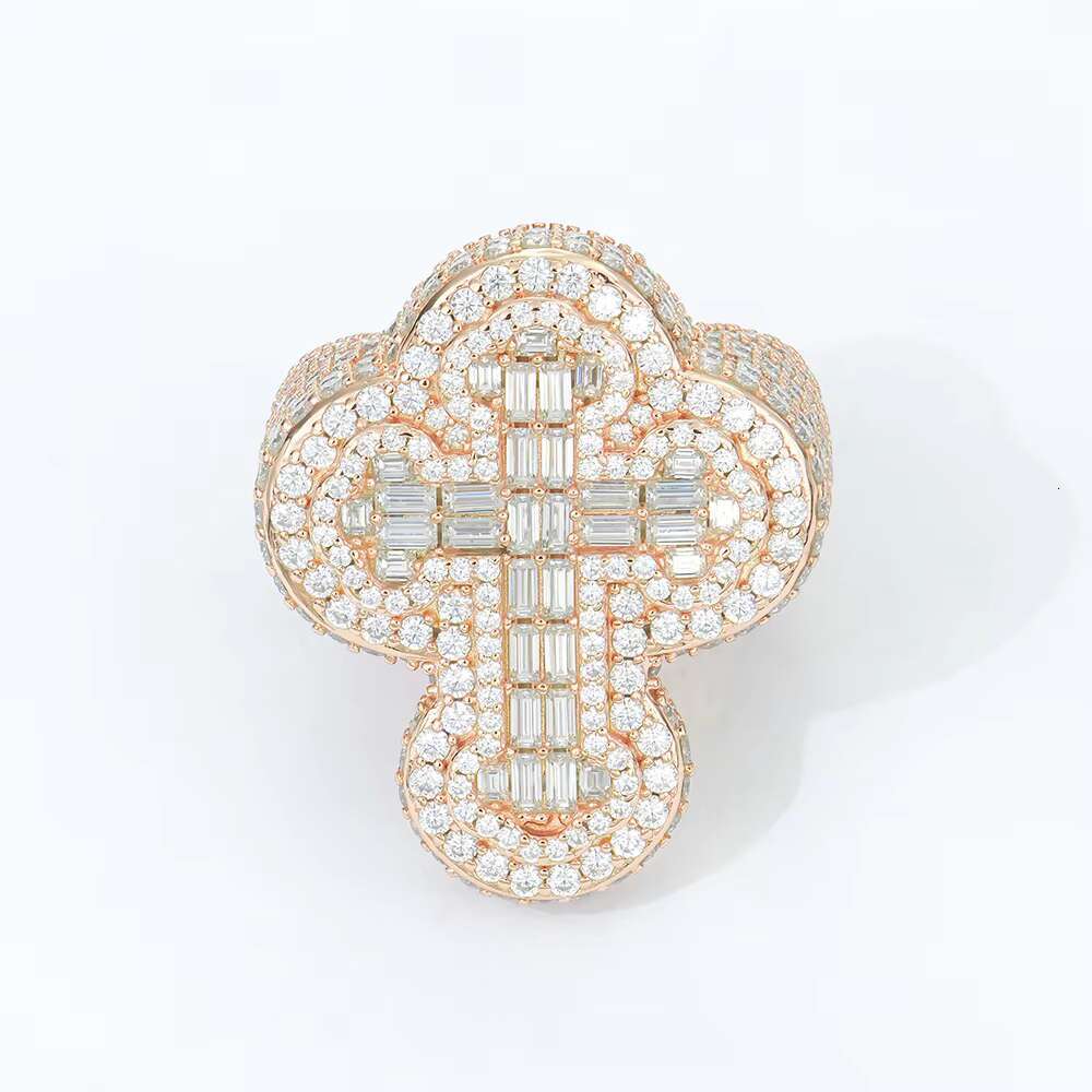 Men's Full Iced Out 18K Gold Plated Hip Hop Ring Moissanite Punk Rapper Style Baguette Cross Pinky Ring