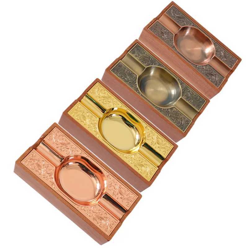 Solid Wood Cigar Ashtray High-end Creative Light Luxury Metal Portable Home Double Slot Vintage Cigarette Ashtray Y250703