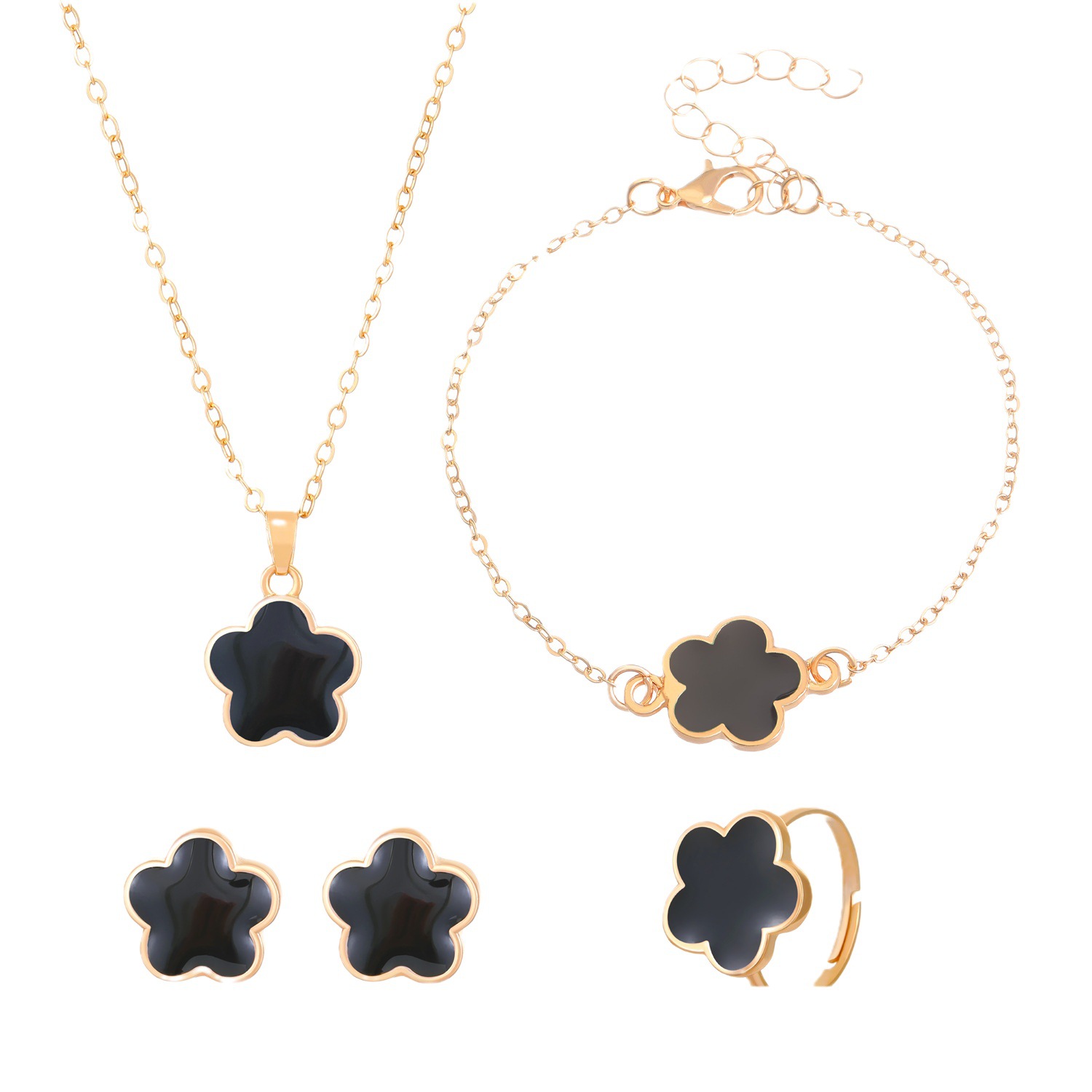 Five-Leaved Designs Jewelry Set For Women Simple Petal Necklace, Bracelet, Ring And EarStud 4-Piece Set