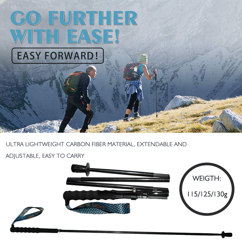 OKHEALING T800 Carbon Fiber Trekking Poles 3 Section Ultra-light Folding Cane Portable Walking Stick with EVA Handle for Off-road, Camping, Mountainin