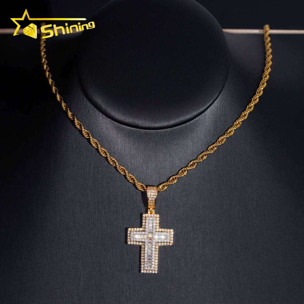 New Design Pass Tester Fashion Hip Hop Jewelry Sier VVS Baguette Moissanite Dia Cross Pendant Necklace