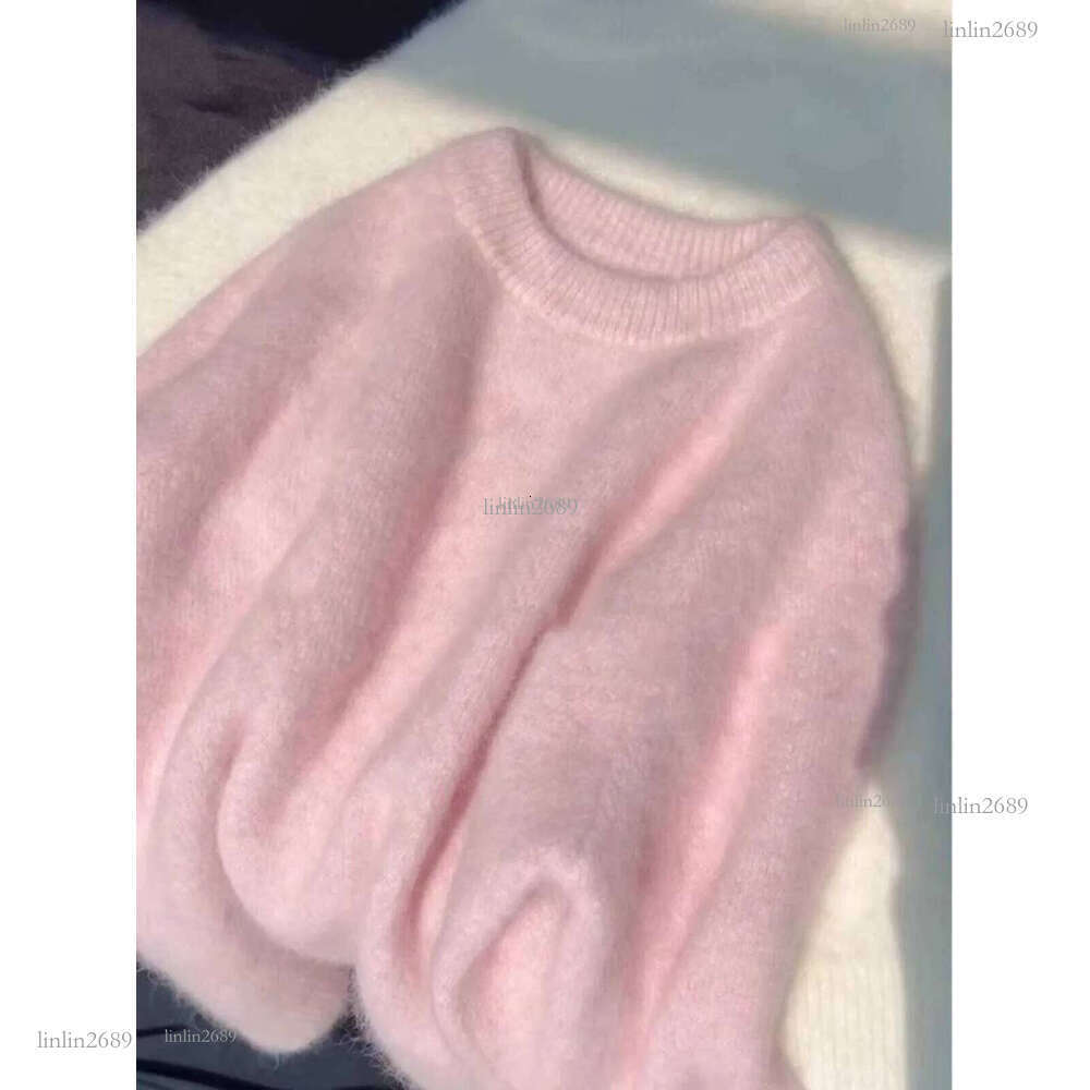 Pink Soft Mohair Knitted Sweater Womens Autumn Winter Loose Long Sleeved Top New Solid Color Simple O-neck Pullover CoatX240909