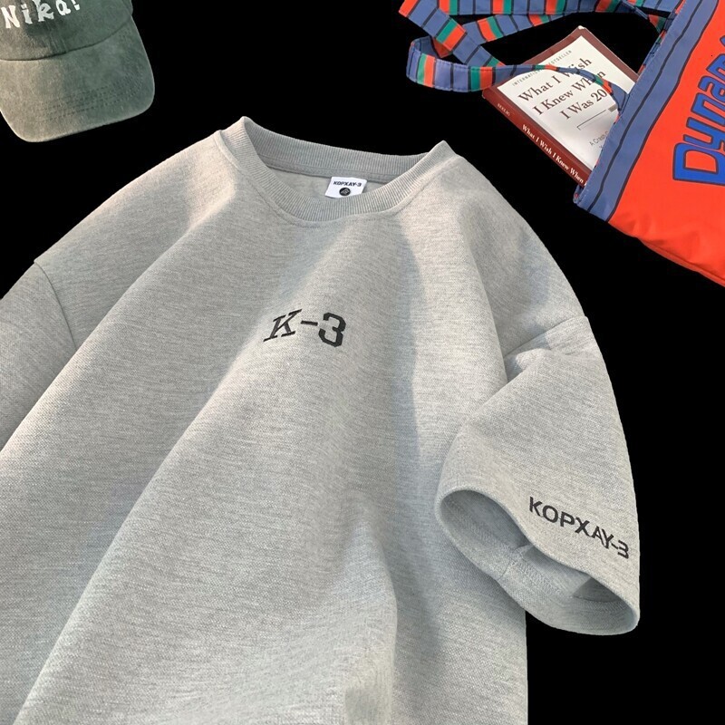 Letter Print Heavyweight Short Sleeve T-shirt Designer Short Sleeves For Men Summer American Retro Tee Shirt Youth Loose Round Neck Clothing