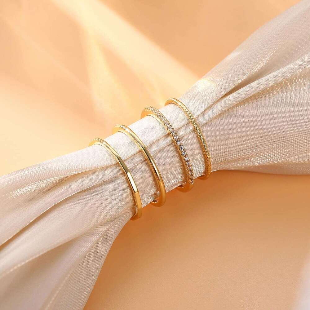 14K Filled 3 Gold 1.3mm Thin Stackable for Women Minimalist Non Tarnish Half Cubic Zirconia Band - Dainty Trendy Statement Stacking Rings Set Size 5-1