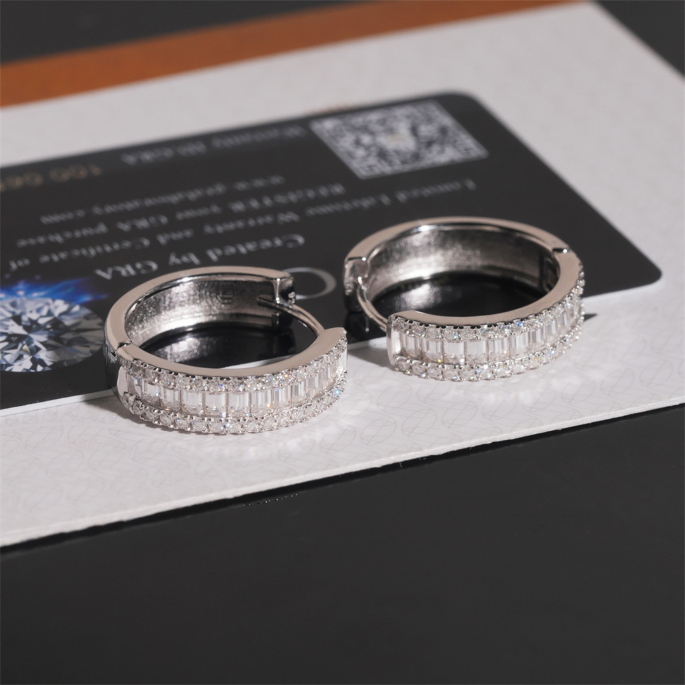 Fine Jewelry 925 Silver Hip Hop Gold Plated Iced Out Baguette Moissanite Diamond Hoop Earrings