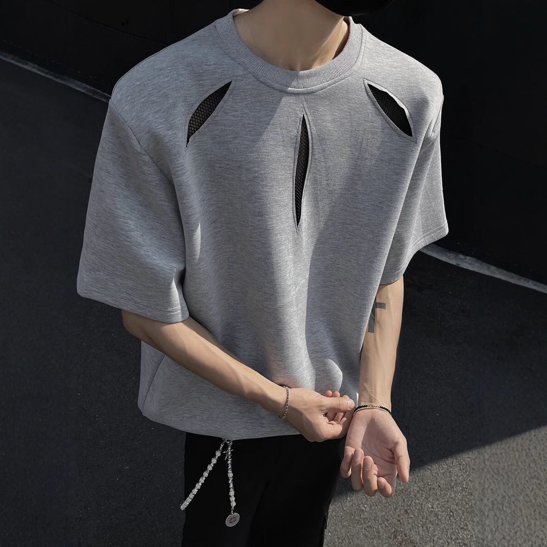 American Style Cleanfit Hollow Out Short Sleeve T-shirt For Men Summer High-end Cool Heavyweight Regular Designer Short Sleeves Shoulder Padded T-shir