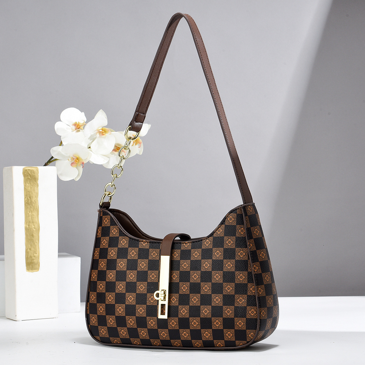 Trade Luxury bag Texture Foreign Designer Bag Checkerboard Underarm Bag Women's Bag Popular Ladies' Shoulder Crossbody Dumpling Bag Ladies&#