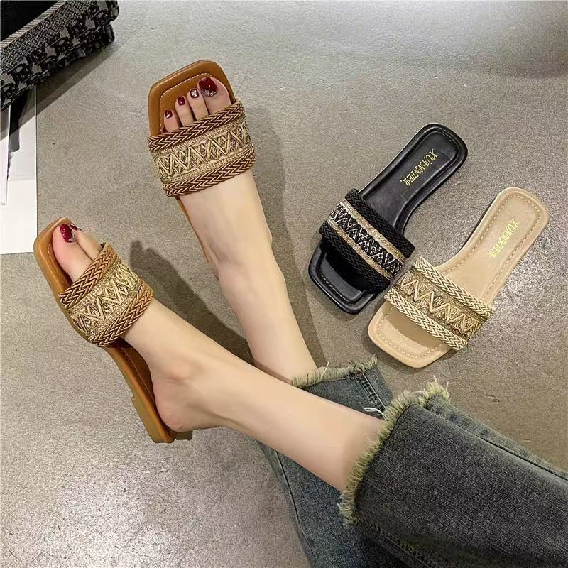 Sandals Summer Weave Flats Slippers Women Beach Dress Shoes 2024 New Designer Flip Flops Casual Shoes Walking Slides