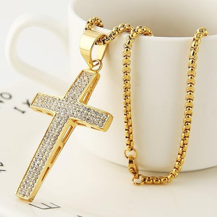 Mens Iced Out Cross Cz Inlay Pendant 18k Gold Plated Stainless Steel Hip-Hop Necklace 24"