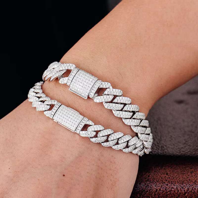 Moissanite Hip Hop Jewelry Cuban Link Chain 925 Sterling Silver Bracelet Men