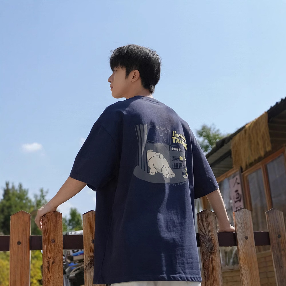 Factory Direct Supply 220g Heavy Cartoon Print Short Sleeve T-shirt Designer Short Sleeves For Men Summer Loose Playful Pure Cotton Half Sleeve Top