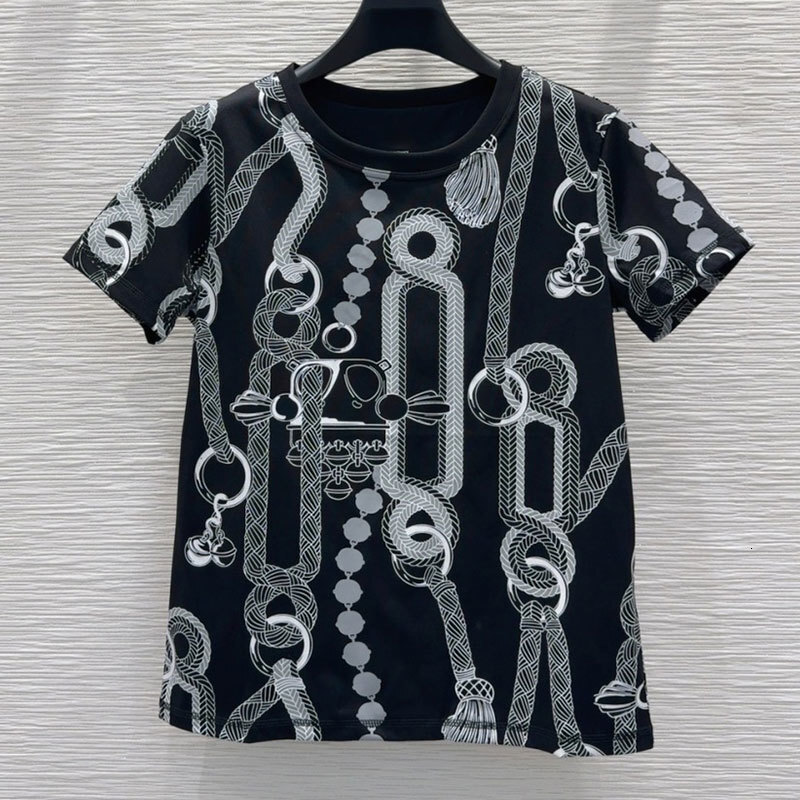 Summer New Ladies Chain Print Short Sleeve T-Shirt Designer Luxury Cotton Top Dual Color Selection Designer French Minimalism Clothes S0711