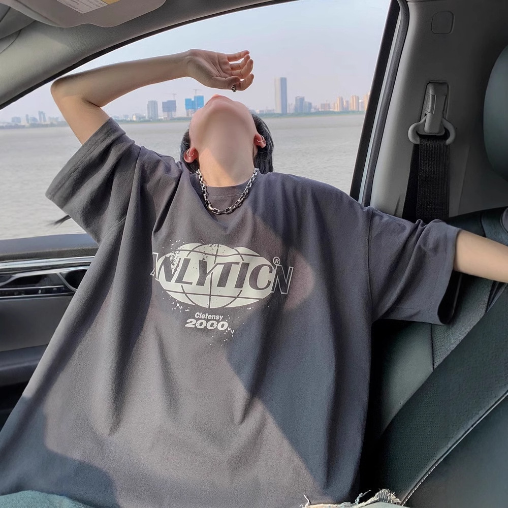 Letter Print Cotton T-shirt For Designer Short Sleeves Men Summer American Retro Oversize Top Youth Round Neck Short Sleeve Tee