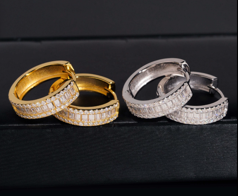 Fine Jewelry 925 Silver Hip Hop Gold Plated Iced Out Baguette Moissanite Diamond Hoop Earrings