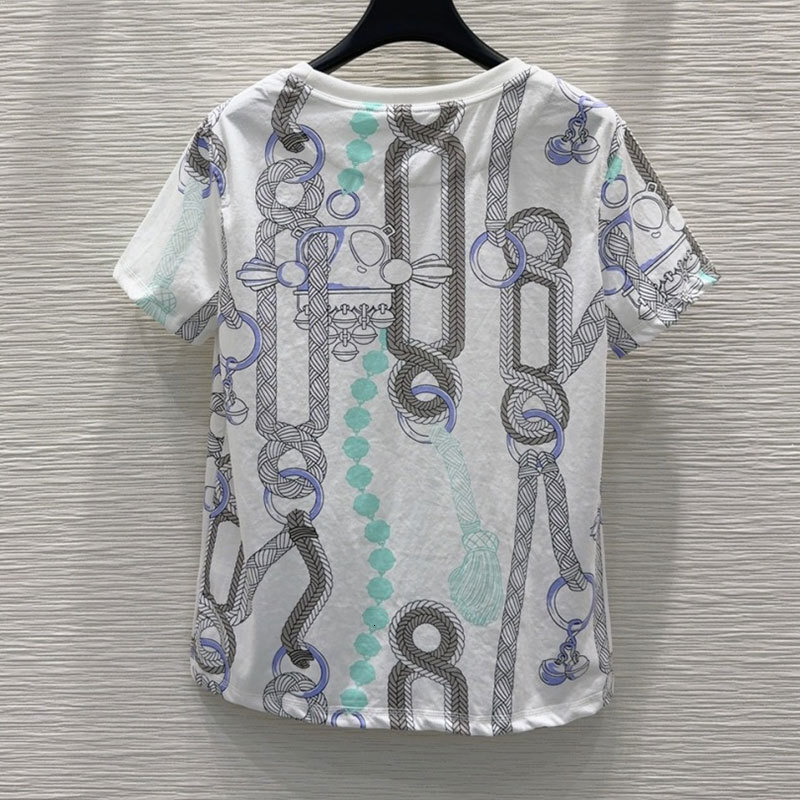 Summer New Ladies Chain Print Short Sleeve T-Shirt Designer Luxury Cotton Top Dual Color Selection Designer French Minimalism Clothes S0711