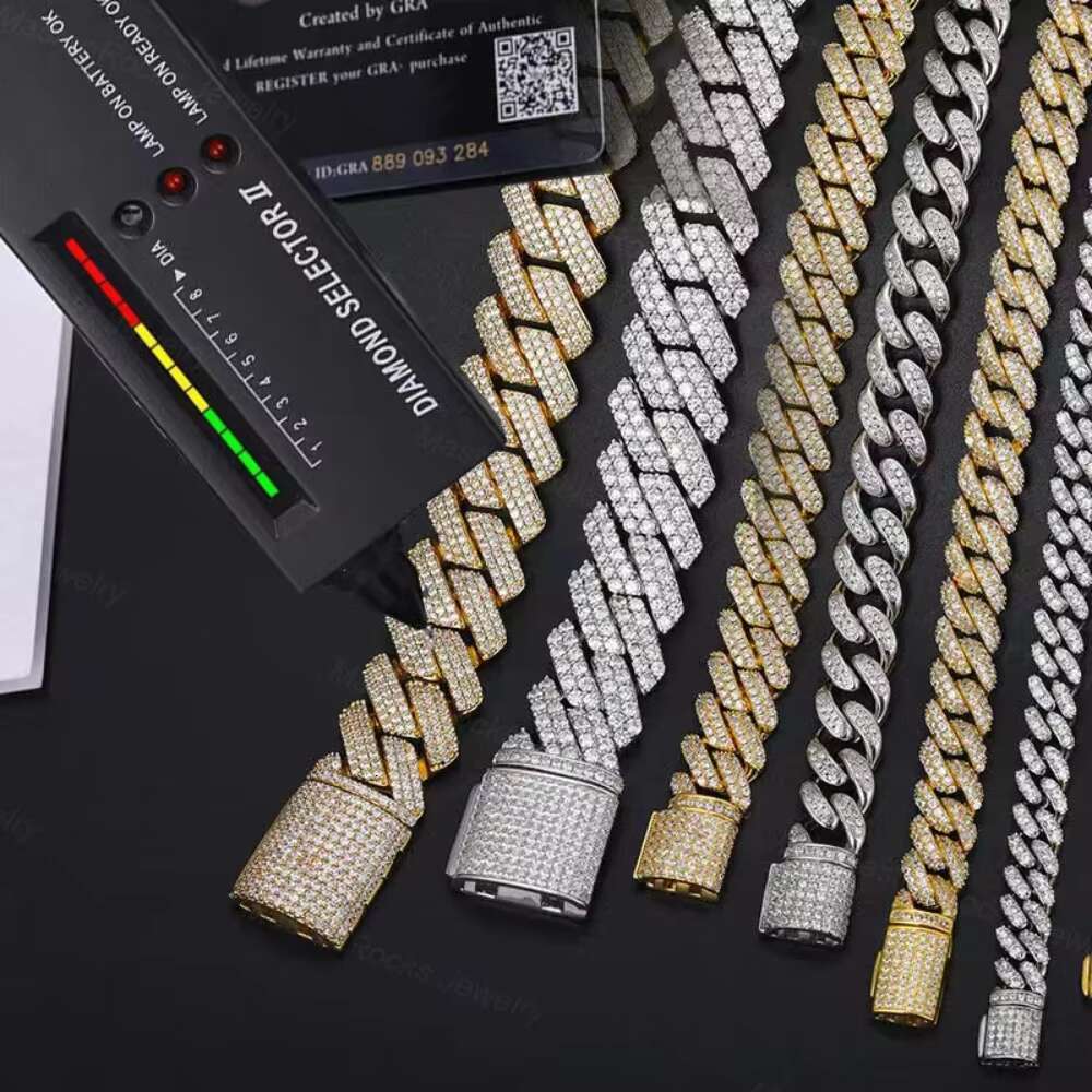Hip Hop 15mm Moisannite Cuban Bracelet Men 2rows Iced Out Prong Setting 925 Sterling Silver Vvs Moissanite Bracelet