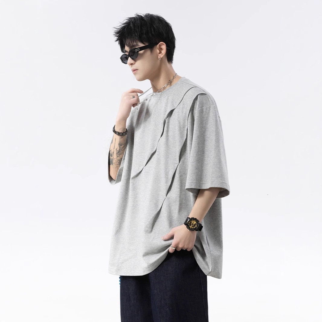 Asymmetrical Pleated Design Short Sleeve T-shirt For Men Designer Short Sleeves 2025 New Trendy Brand Summer Outfit Youth Round Neck Half Sleeve Tee S