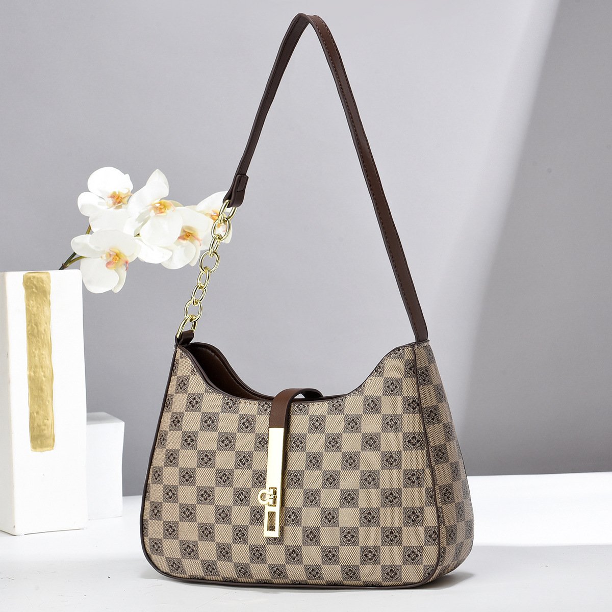 Trade Luxury bag Texture Foreign Designer Bag Checkerboard Underarm Bag Women's Bag Popular Ladies' Shoulder Crossbody Dumpling Bag Ladies&#