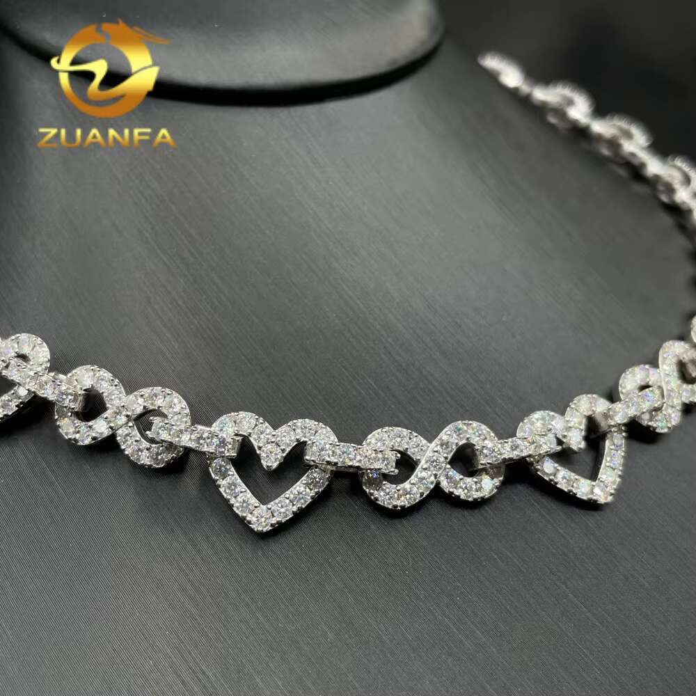 Hip Hop Jewelry Rapper Real 925 Sterling Silver 8.5MM Heart Style Missanite Iced Out Tennis Chain Infinity Chain Link Chain