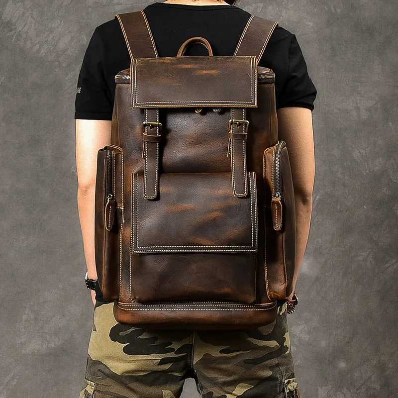 Vintage Crazy Horse Genuine Leather Backpack Men Leather Bagpack Climbing Rucksack male Large Hiking Backpack M814 Z250702