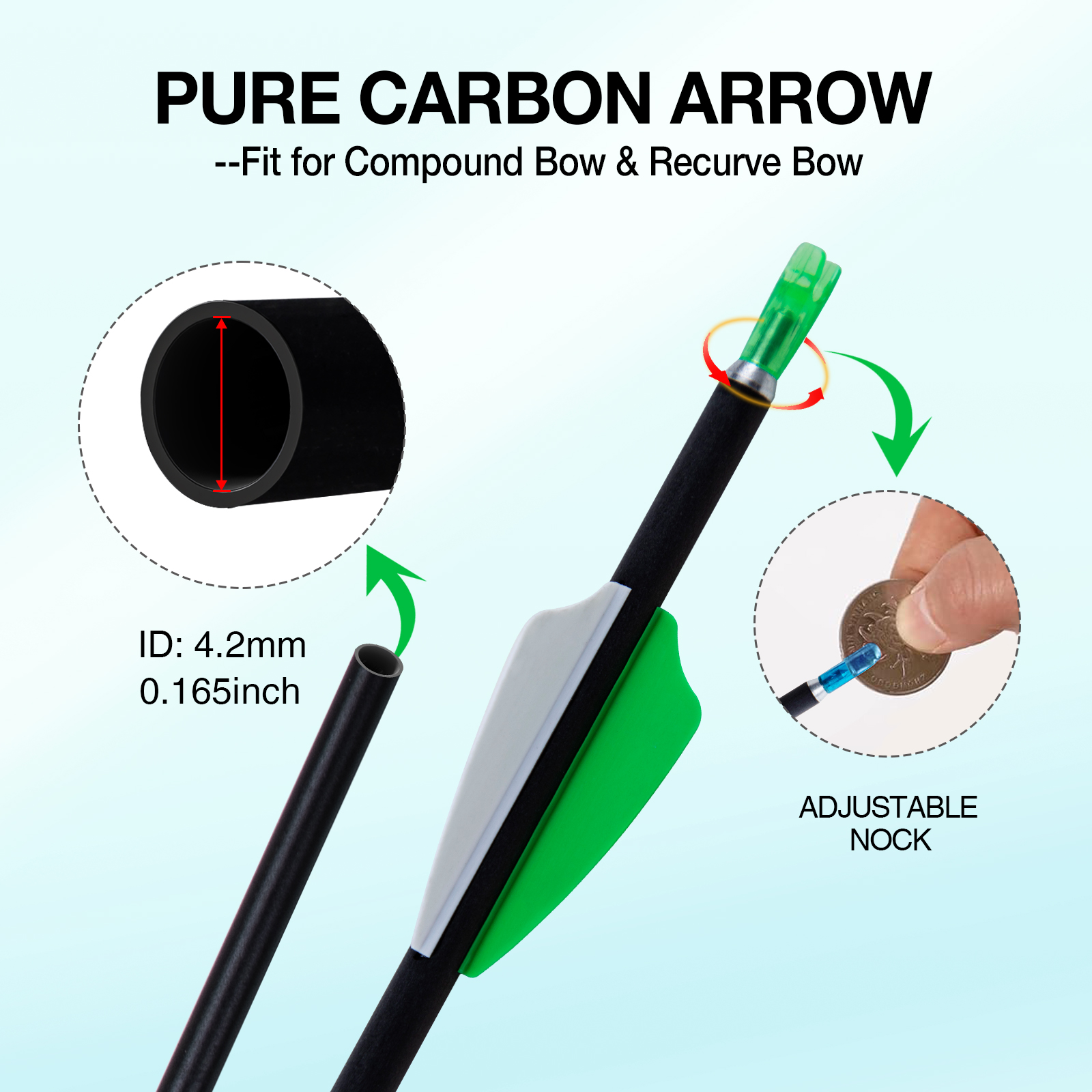 Targeting Arrows without Arrowheads Carbon Archery Arrows 4.2mm Practice Arrows for Recurve Bow & Compound Bow Spine 350-1500 Arrows (12Pcs) 31inch