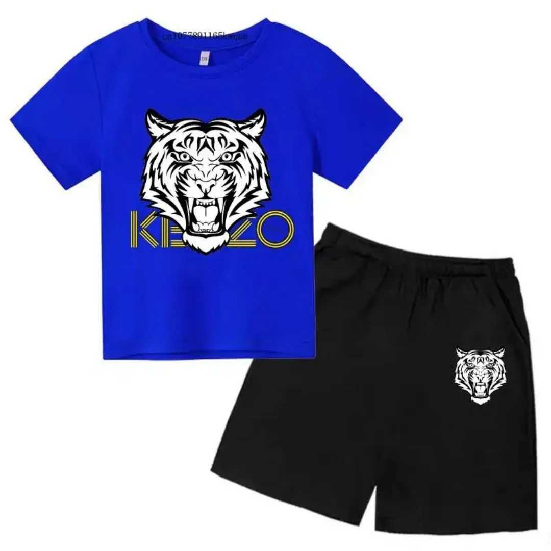 2025 3-13 year old childrens tiger head summer 2-piece casual breathable T-shirt+shorts sports suit boys and girls casual suit z250703NLGG