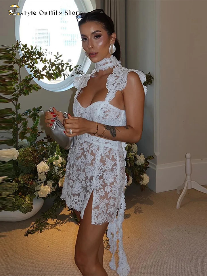 Lace Mini Skirt Set Women Hollow Out Cold Shoulder Crop Top Side Split Skirts Suit Female Summer Holiday Sexy Sets Lady Beach 250703