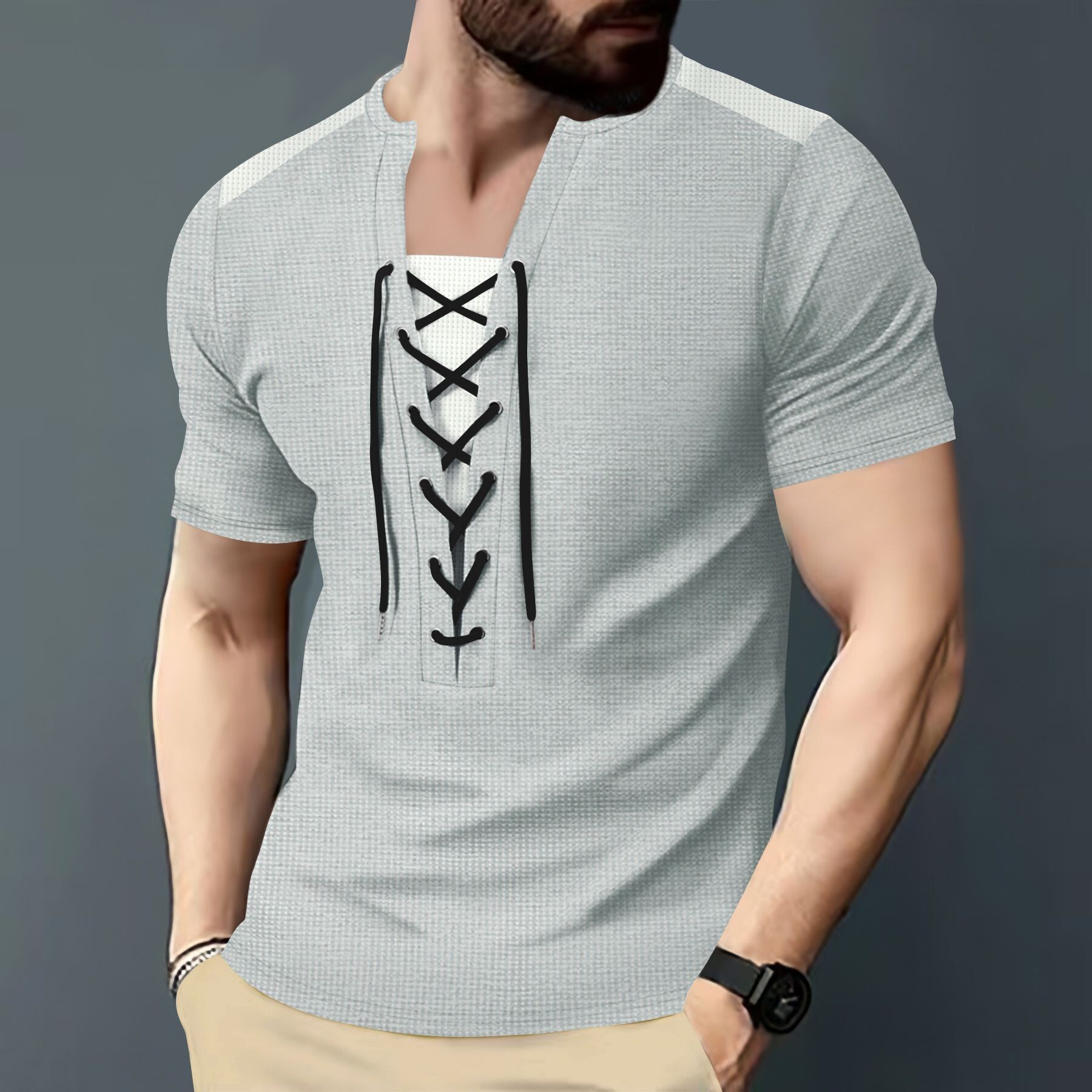 New Amazon Men's Waffle Texture Versatile Casual Color-block Patchwork Drawstring Designer T-shirt Summer Short Sleeves Crew Neck Short Sleeve T-
