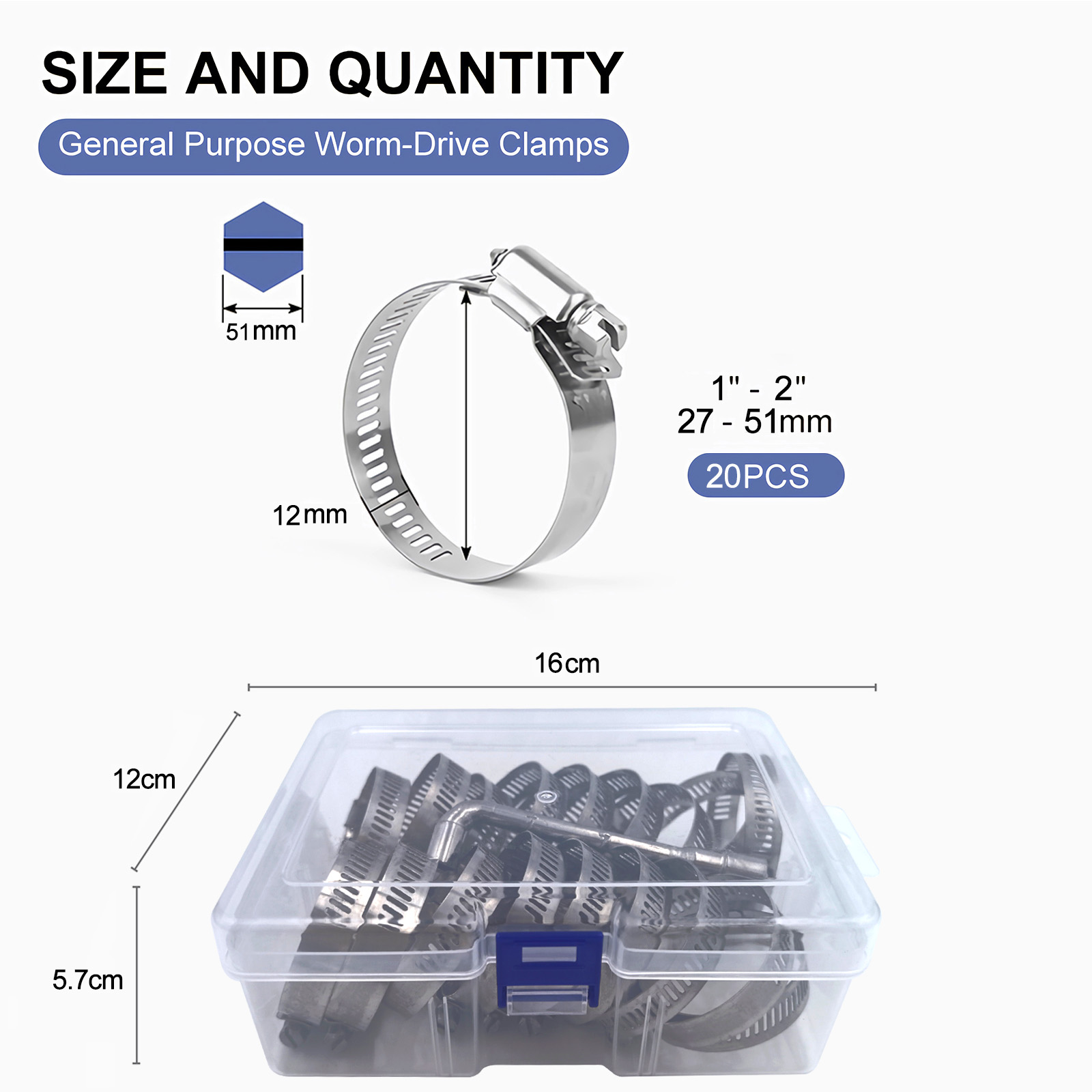 Hose Clamps 19PCS Set, 304 Stainless Steel, Radiator Hose Clamps, Big Size, with 1pc Socket Wrench,Worm Gear Clamps Set for Automotive,Plumbing,Interc