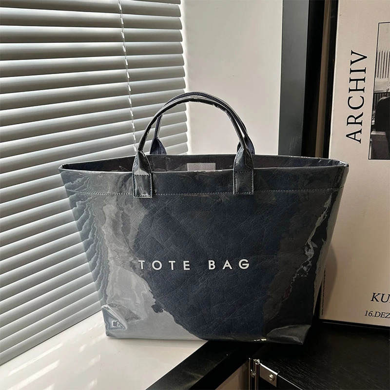 Solid Color Tote Bag PVC Kraft Paper Large Capacity Hobo Handbag Women Casual Shopping Letter Print Top Handle Hand Bags 250628