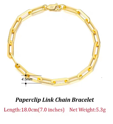 ORSA JEWELS Gold Plated Genuine Sterling Sier Paperclip Link Chain for Women Men 7, 8, 9 Inches Bracelet SB109
