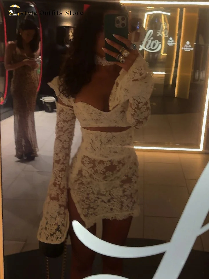 Lace Mini Skirt Set Women Hollow Out Cold Shoulder Crop Top Side Split Skirts Suit Female Summer Holiday Sexy Sets Lady Beach 250703