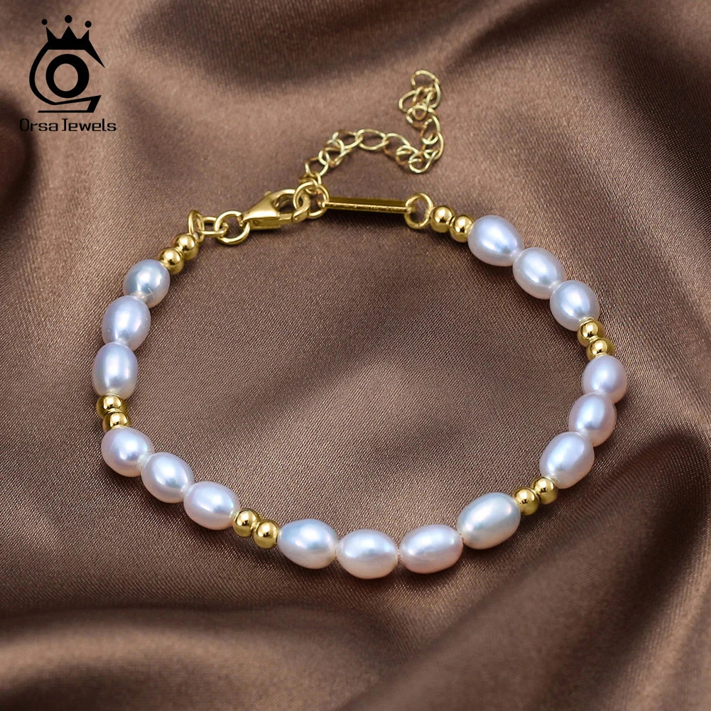 ORSA JEWELS Elegant 14K Gold Beads Bracelet 925 Sterling Silver Freshwater Pearl Chain Bracelets for Women Party Jewelry GPB36 250730