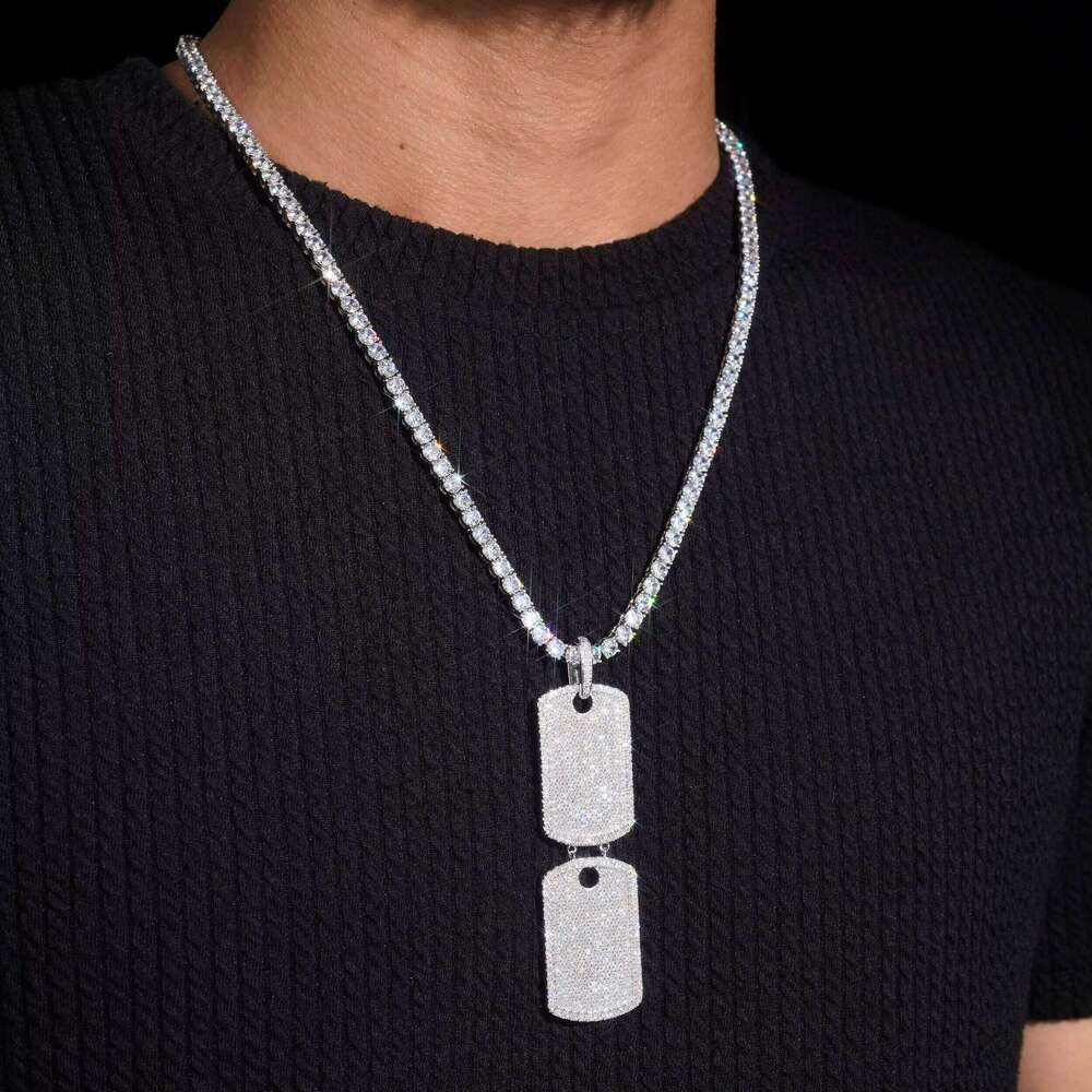 White Gold VVS Moissanite Dia Double Dog Tag Pendant Match 4MM Tennis Chain Necklace
