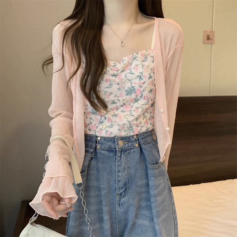 K1220 Ice silk sunscreen cardigan women's summer thin small shawl jacket with suspender skirt outer cover short top blouse