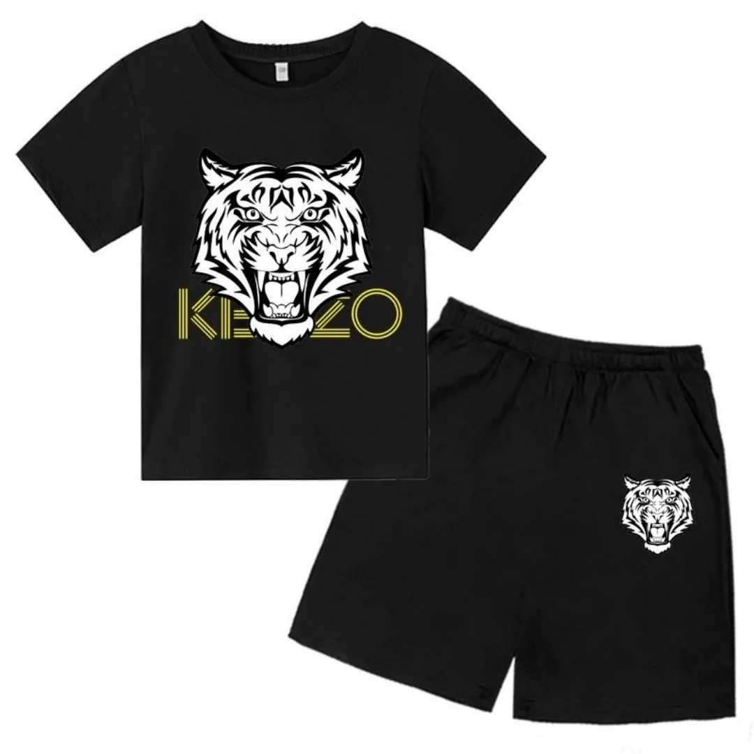 2025 3-13 year old childrens tiger head summer 2-piece casual breathable T-shirt+shorts sports suit boys and girls casual suit z250703NLGG