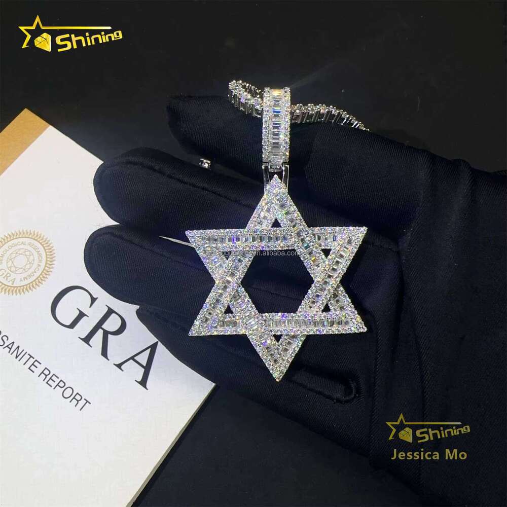 Drop Shipping Hot Selling Iced Out Rapper Sier Vvs Baguette Moissanite Dia Hip Hop Star Pendant Necklace Set