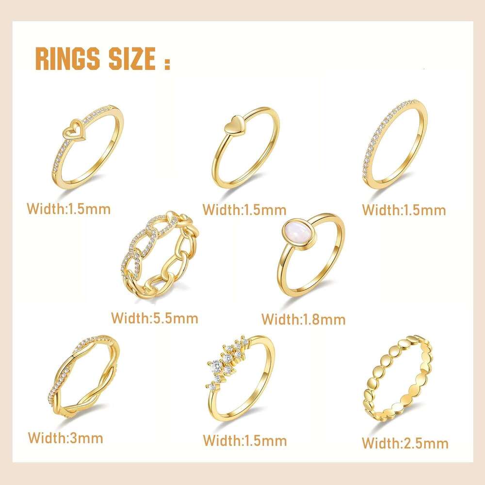 Plate 3 14K Gold/Sier Stacking Set for Women CZ Heart Simple Cute Stackable Dainty Trendy Gold Statement Rings Plain Band Size 4-11