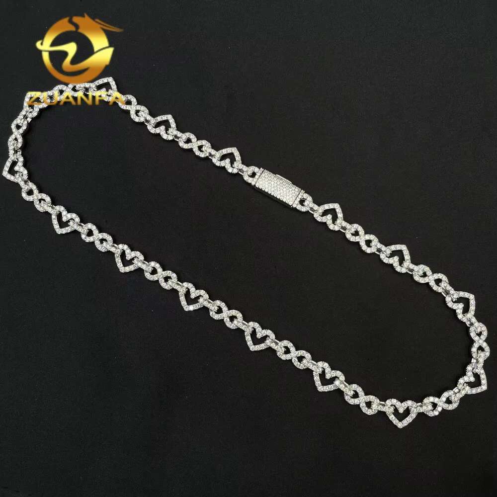 Hip Hop Jewelry Rapper Real 925 Sterling Silver 8.5MM Heart Style Missanite Iced Out Tennis Chain Infinity Chain Link Chain