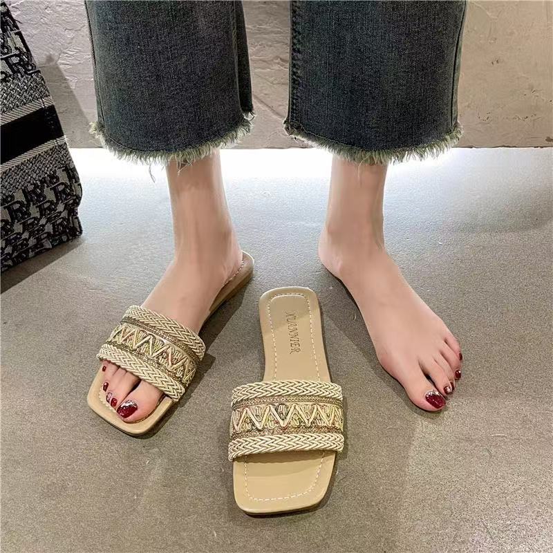 Sandals Summer Weave Flats Slippers Women Beach Dress Shoes 2024 New Designer Flip Flops Casual Shoes Walking Slides